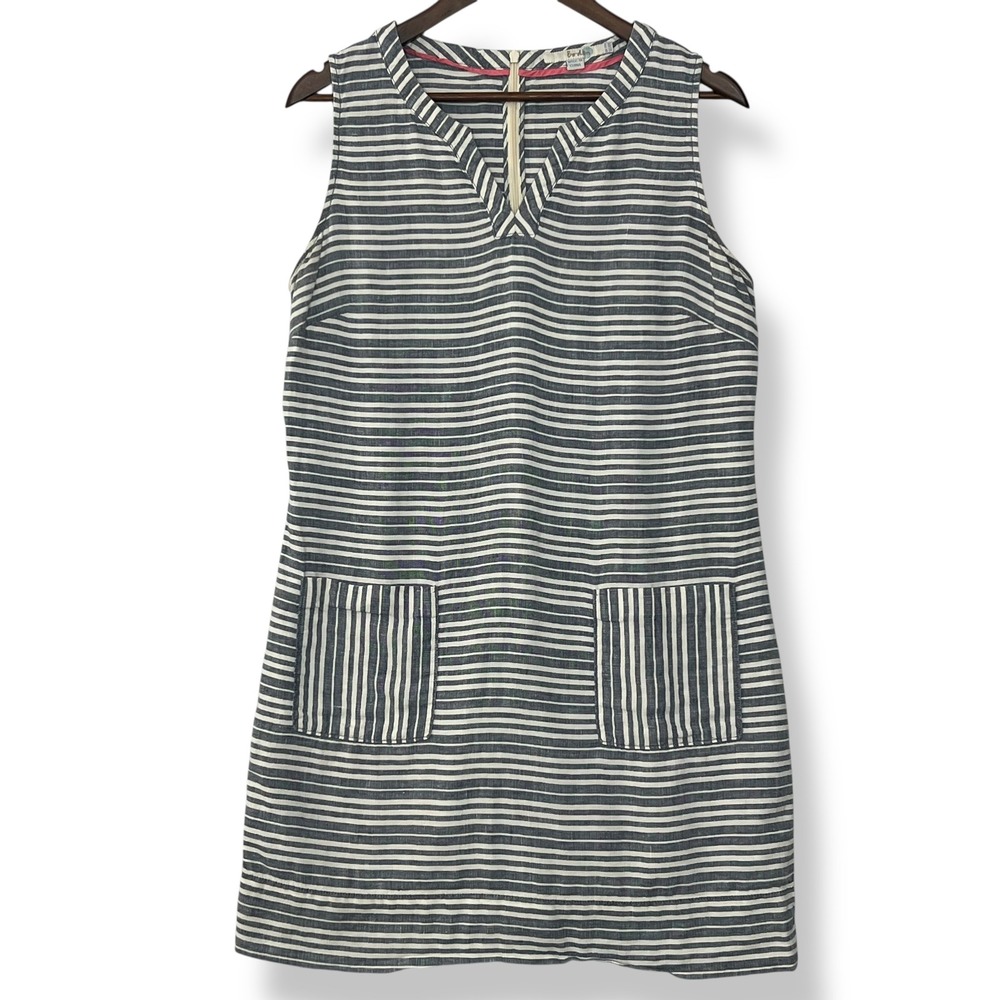 Boden 10 Dress Blue White Striped Tank 100% Linen V-Neck Pockets Beach Coastal
